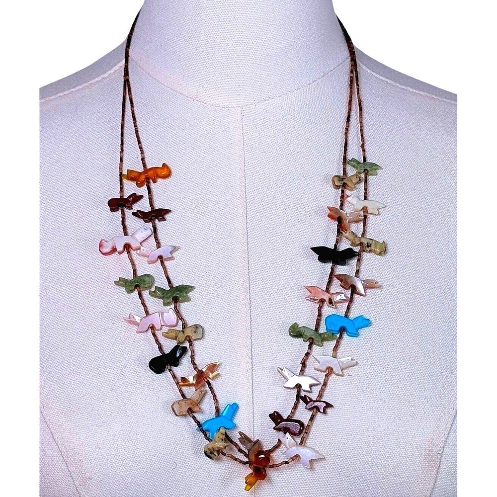 Vintage‎ Zuni Fetish Necklace 2 Strand Sterling Multi Stone Animal Heishi Bead